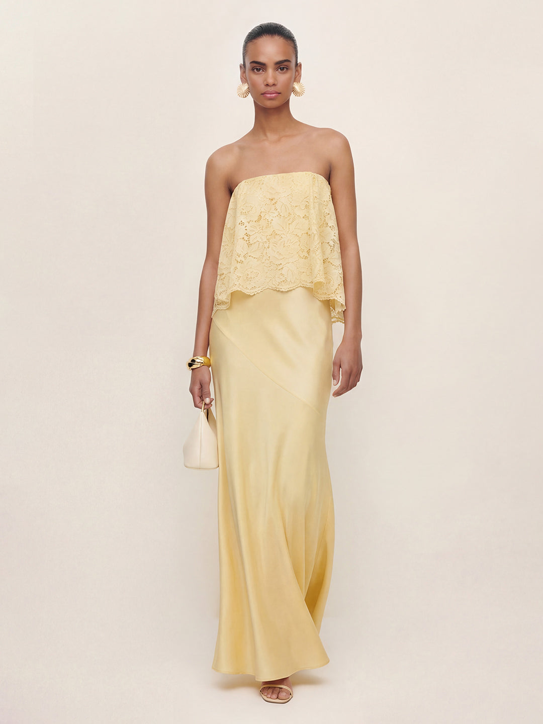 Lace Patchwork Satin Bandeau Maxi Dress