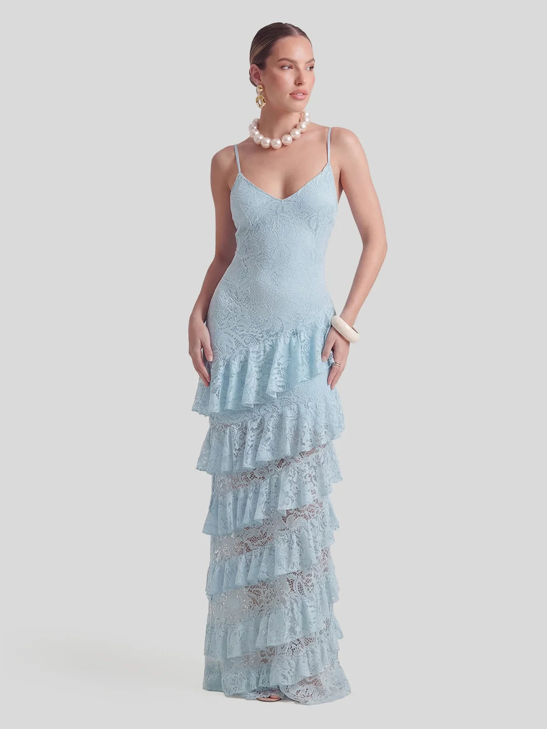 Lace Plunge-Neck Maxi Dress With Ruffled Detailing