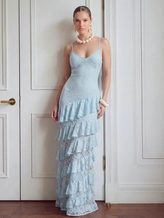 Lace Plunge-Neck Maxi Dress With Ruffled Detailing