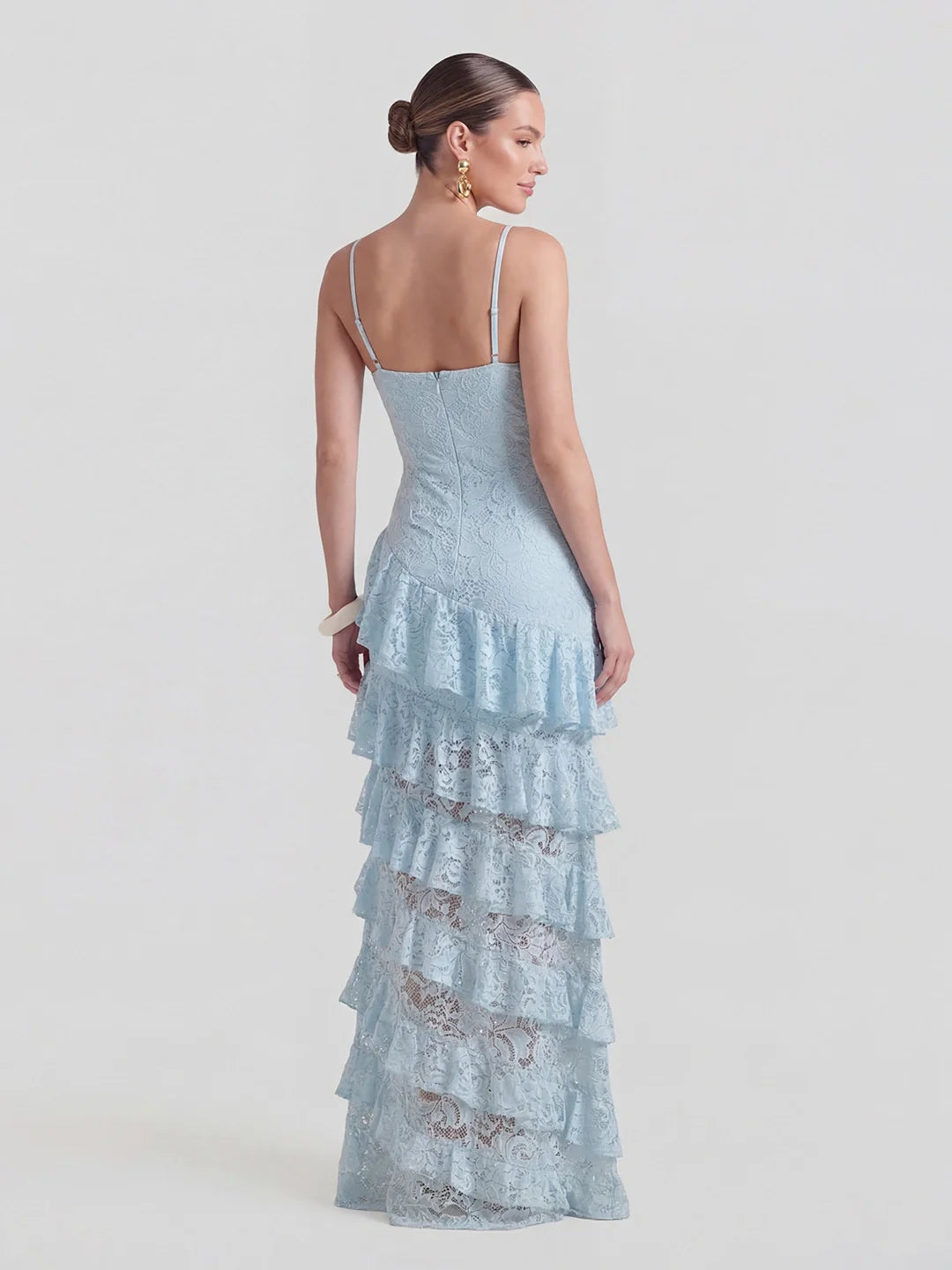 Lace Plunge-Neck Maxi Dress With Ruffled Detailing