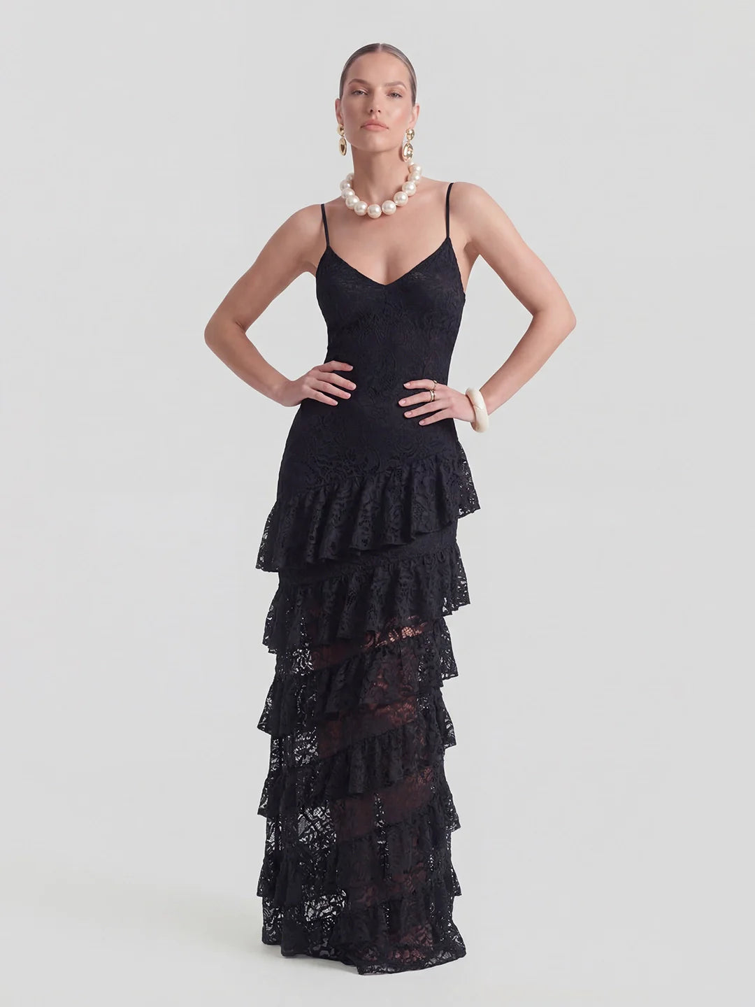 Lace Plunge-Neck Maxi Dress With Ruffled Detailing