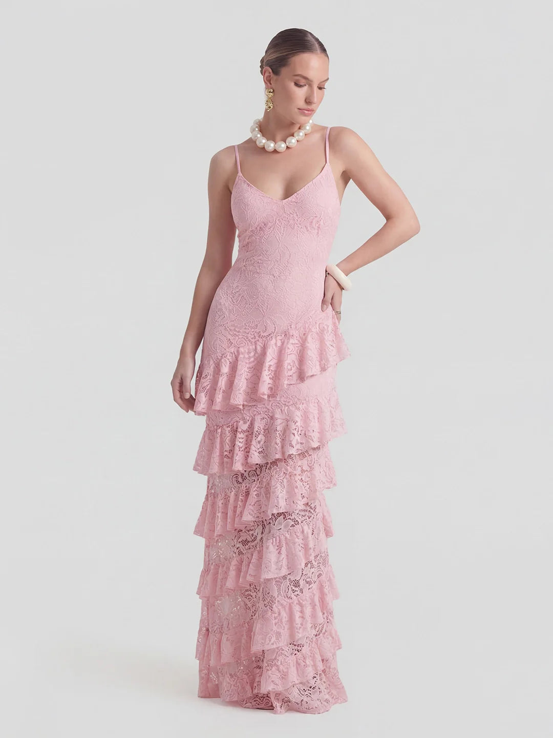 Lace Plunge-Neck Maxi Dress With Ruffled Detailing