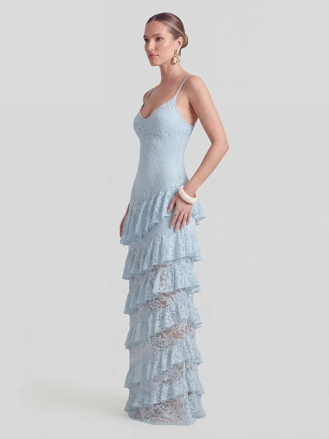 Lace Plunge-Neck Maxi Dress With Ruffled Detailing