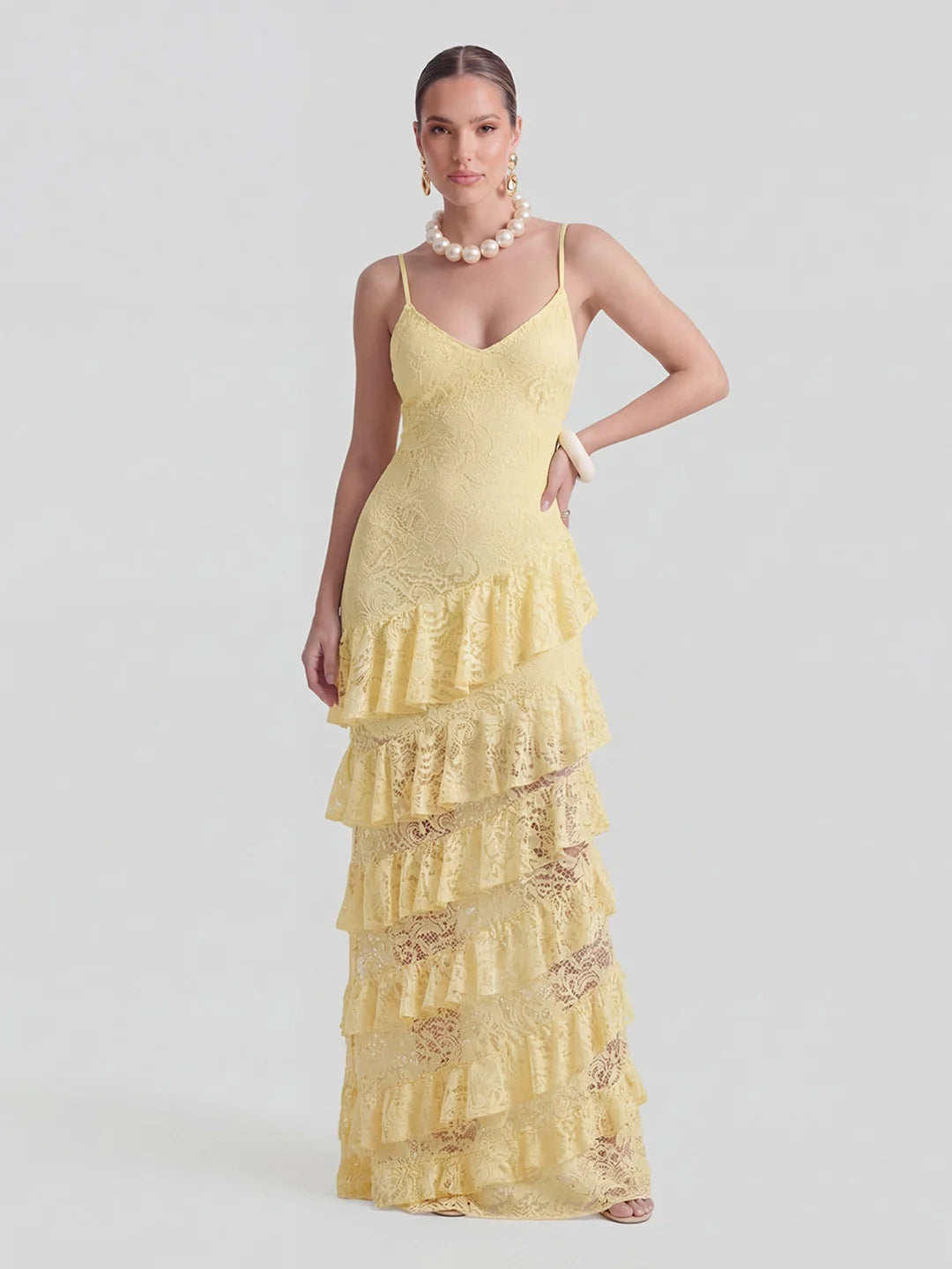 Lace Plunge-Neck Maxi Dress With Ruffled Detailing