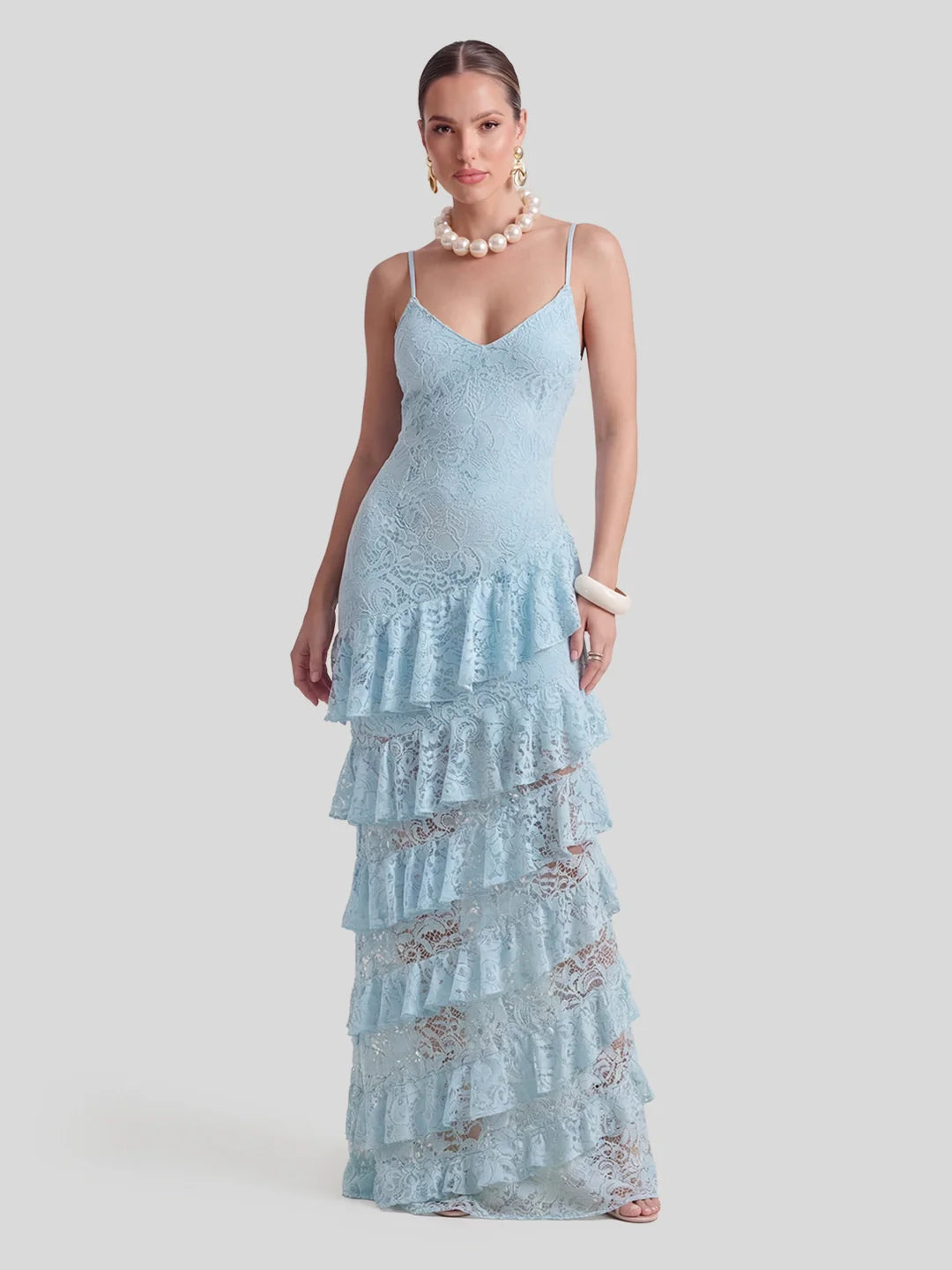 Lace Plunge-Neck Maxi Dress With Ruffled Detailing