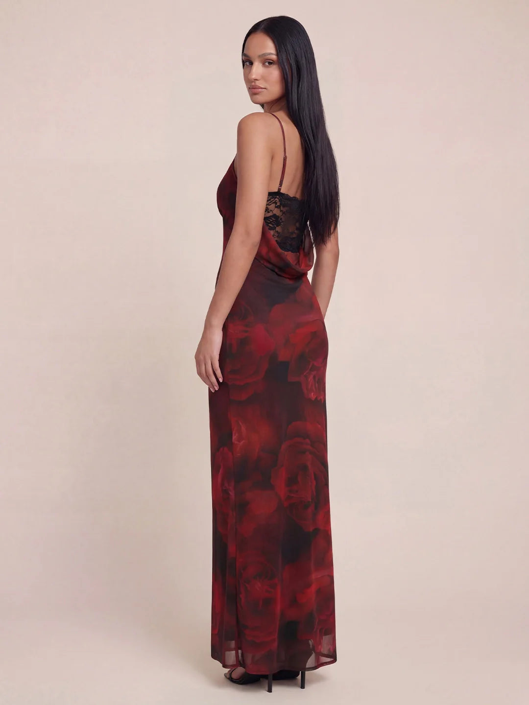 Lace Trim Cowl Back Floral Mesh Maxi Dress