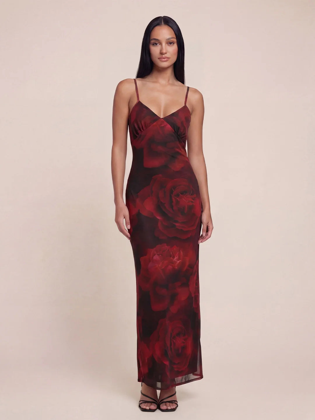 Lace Trim Cowl Back Floral Mesh Maxi Dress