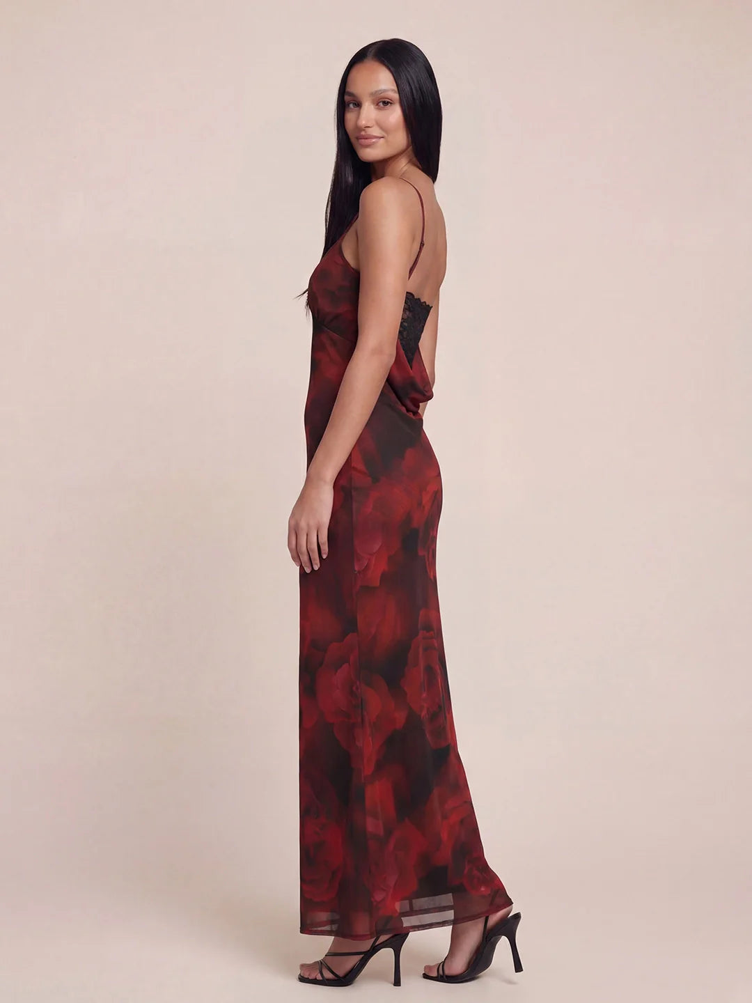 Lace Trim Cowl Back Floral Mesh Maxi Dress