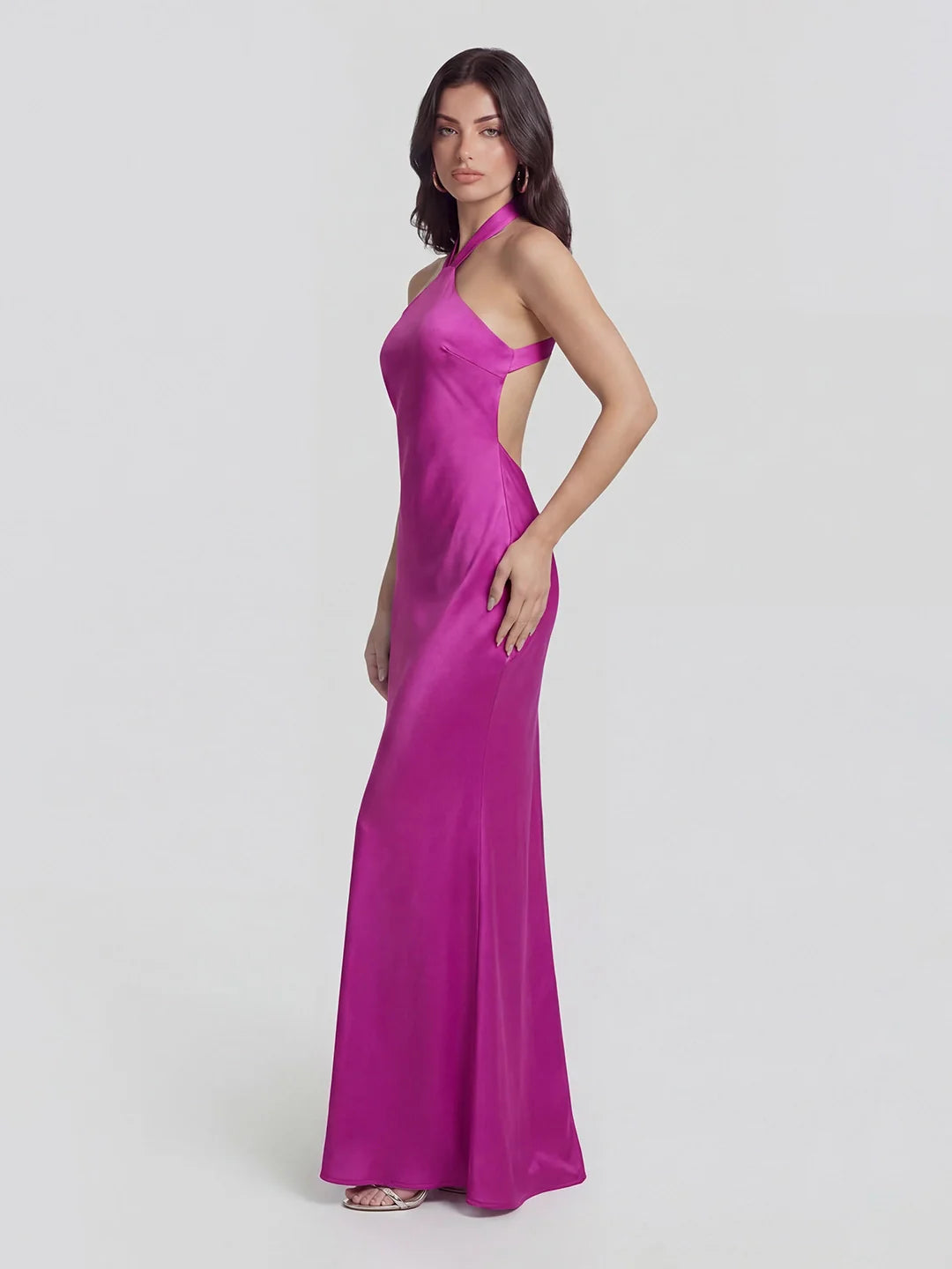 Low Cross Back Halter Maxi Dress with Floral Brooch