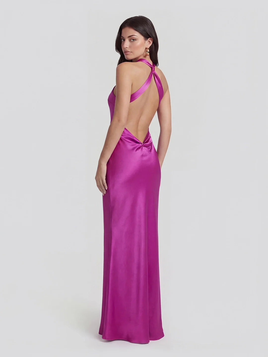 Low Cross Back Halter Maxi Dress with Floral Brooch