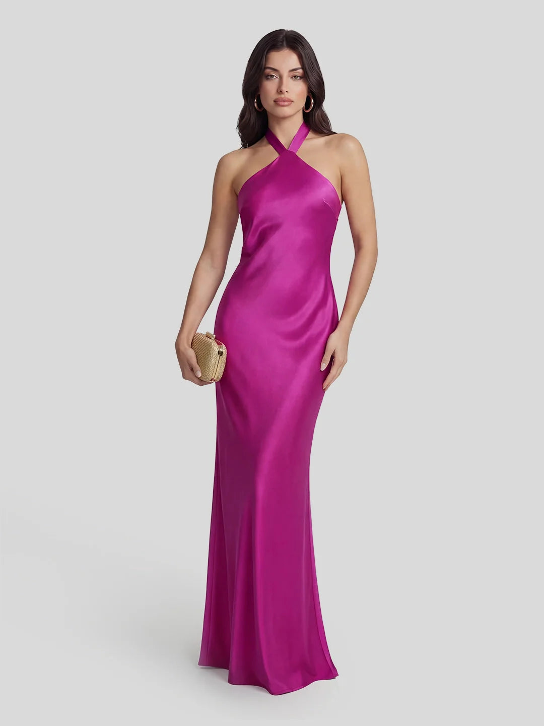 Low Cross Back Halter Maxi Dress with Floral Brooch