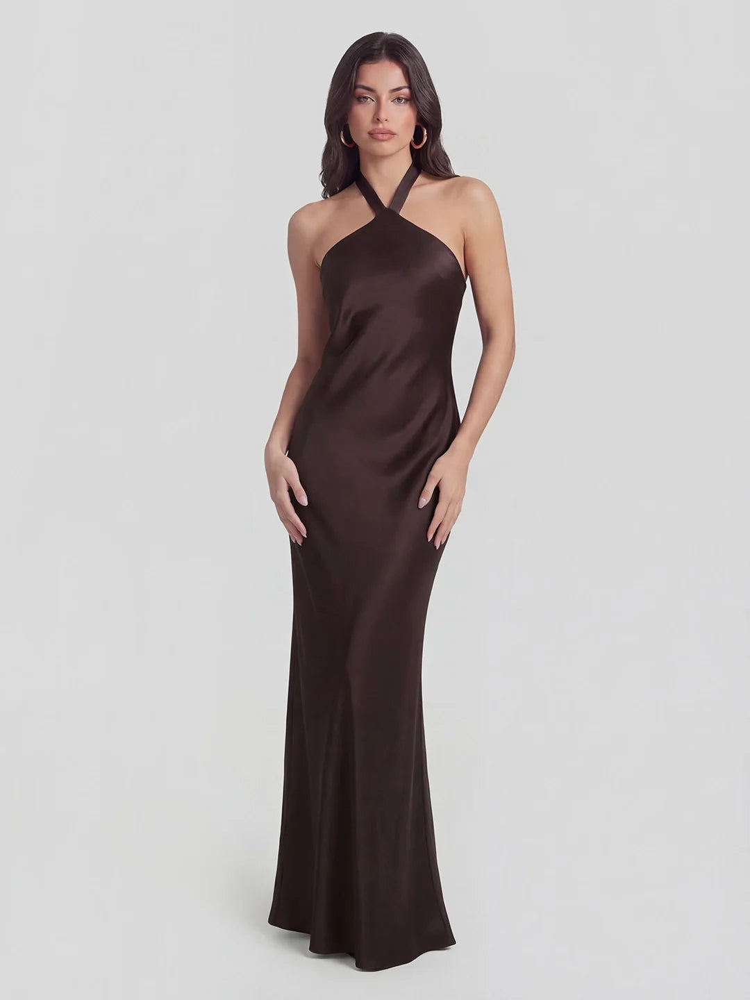 Low Cross Back Halter Maxi Dress with Floral Brooch