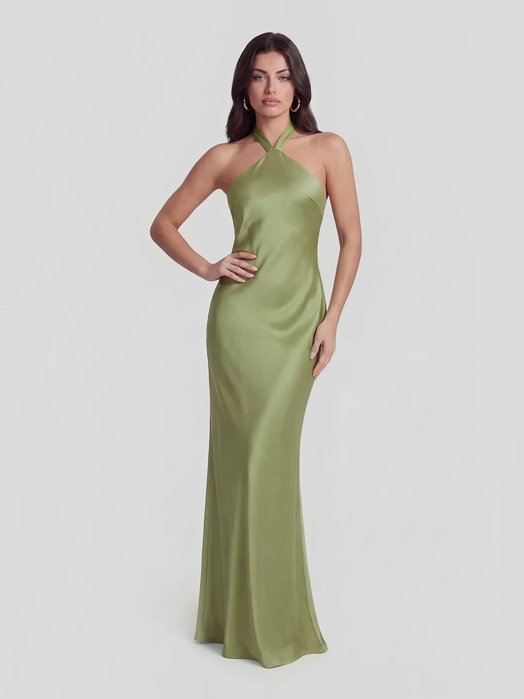 Low Cross Back Halter Maxi Dress with Floral Brooch