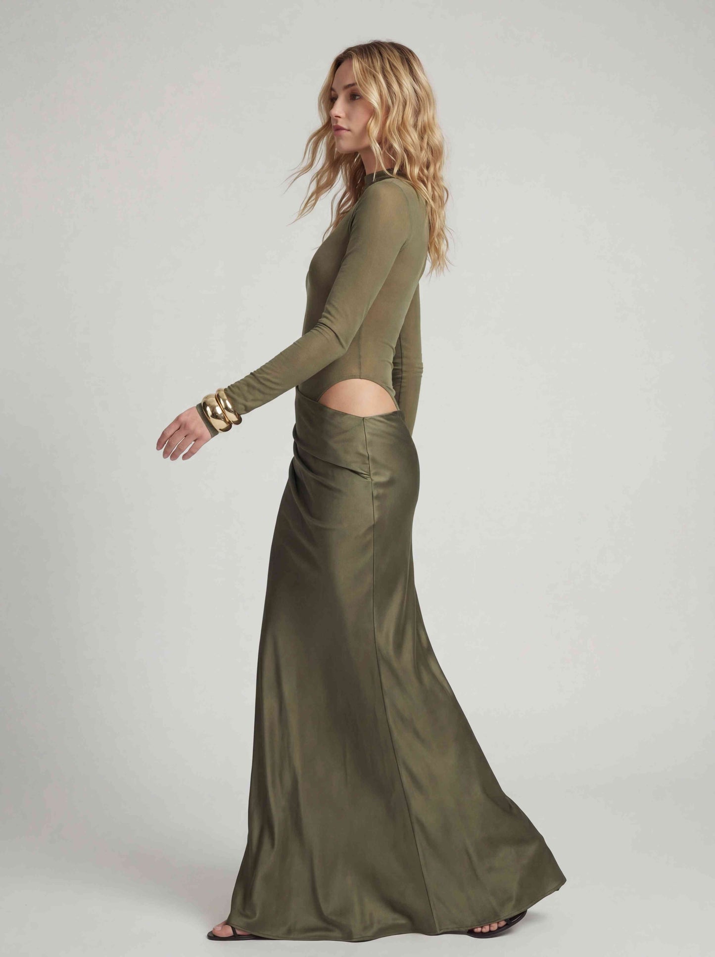 Mesh Bodysuit & Pleated Satin Cut-out Maxi Dress