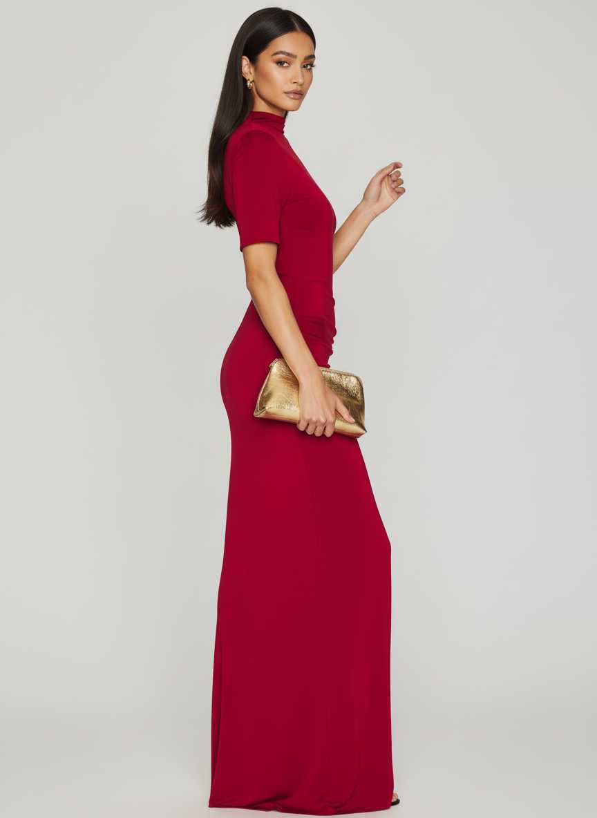 Mock Neck Ruched High Slit Evening Maxi Dress