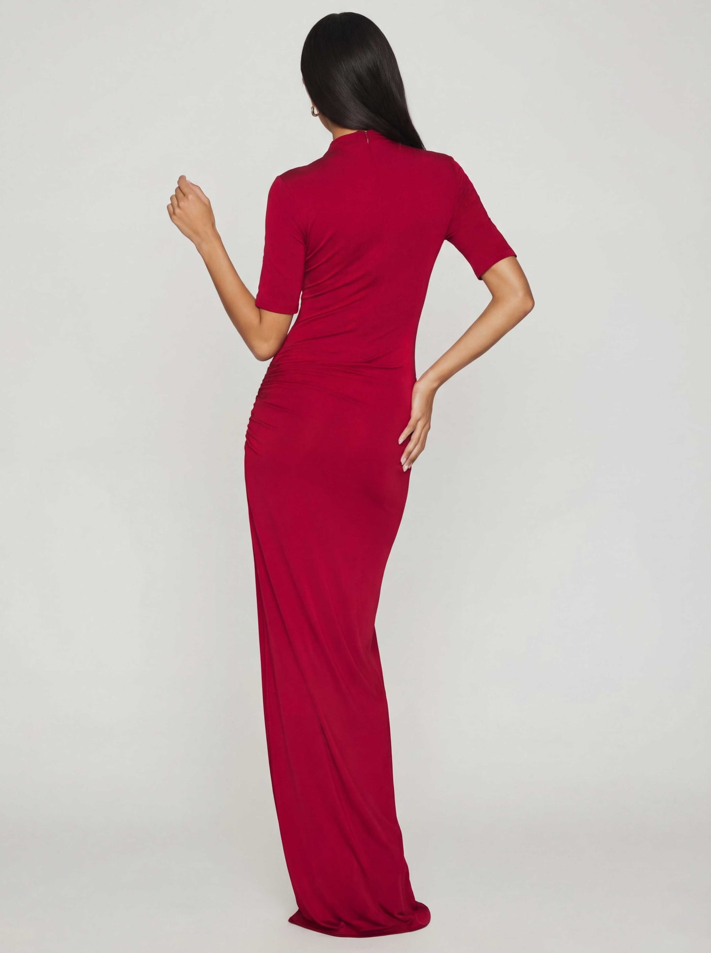 Mock Neck Ruched High Slit Evening Maxi Dress
