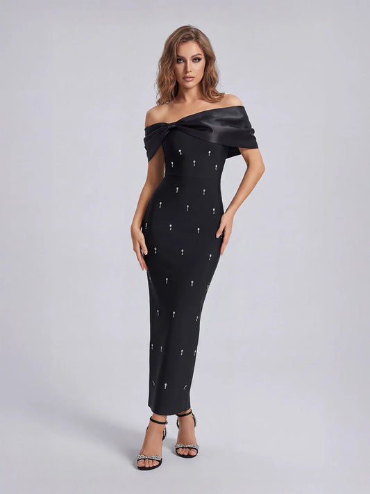 One-shoulder diamond bow bandage dress