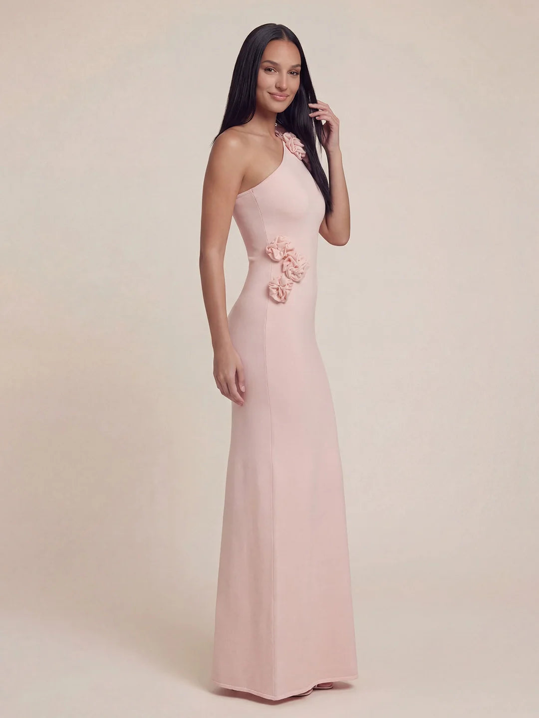 One Shoulder 3D Flower Applique Knit Maxi Dress