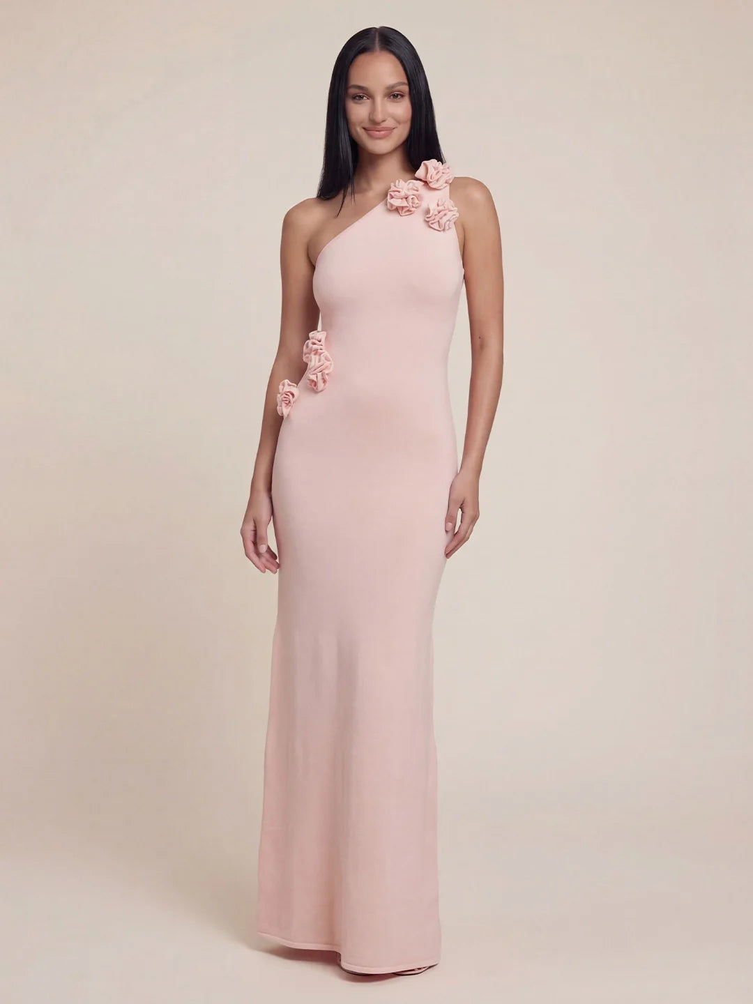 One Shoulder 3D Flower Applique Knit Maxi Dress