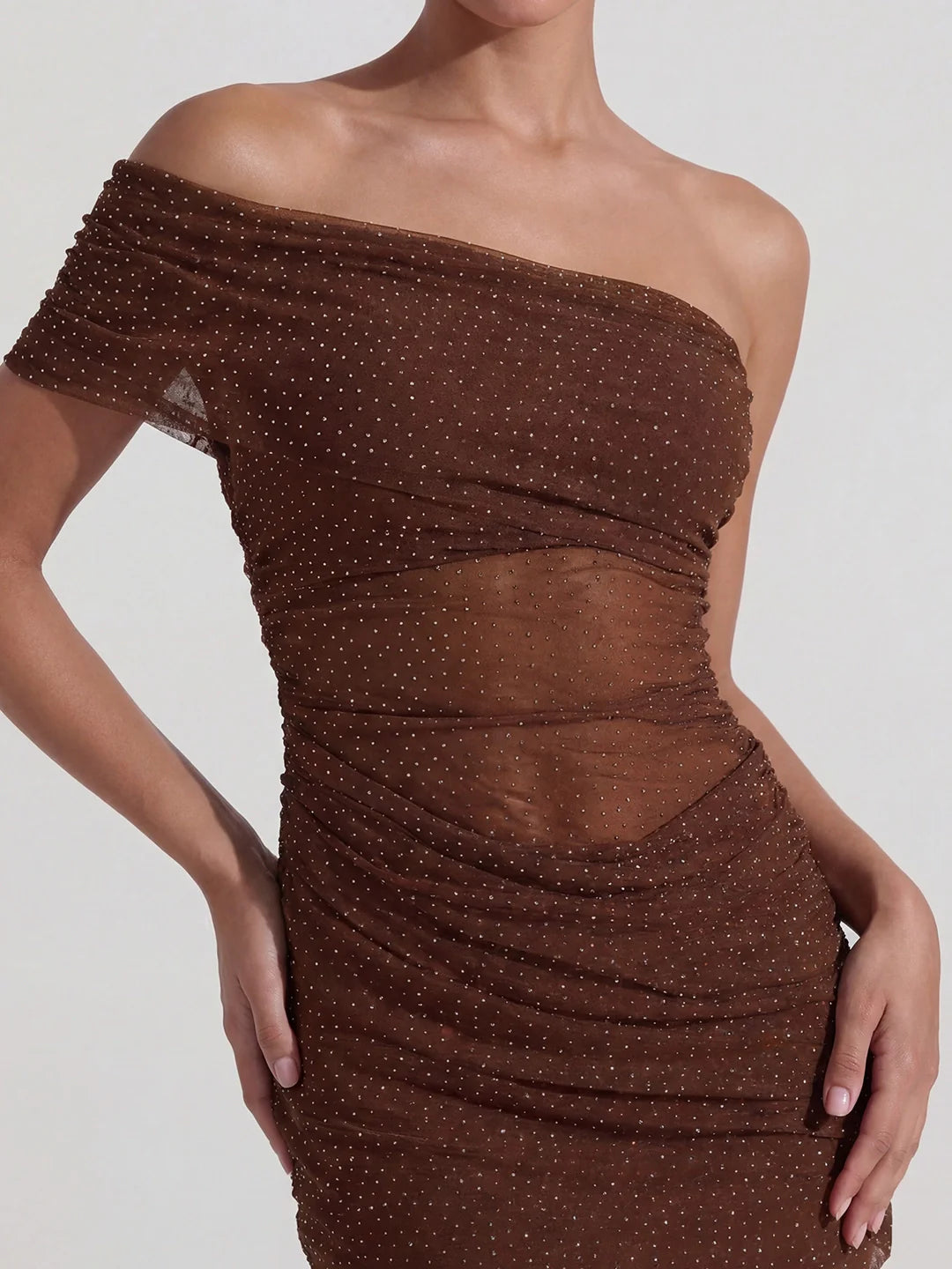 One Shoulder Shimmer Mesh Mini Dress