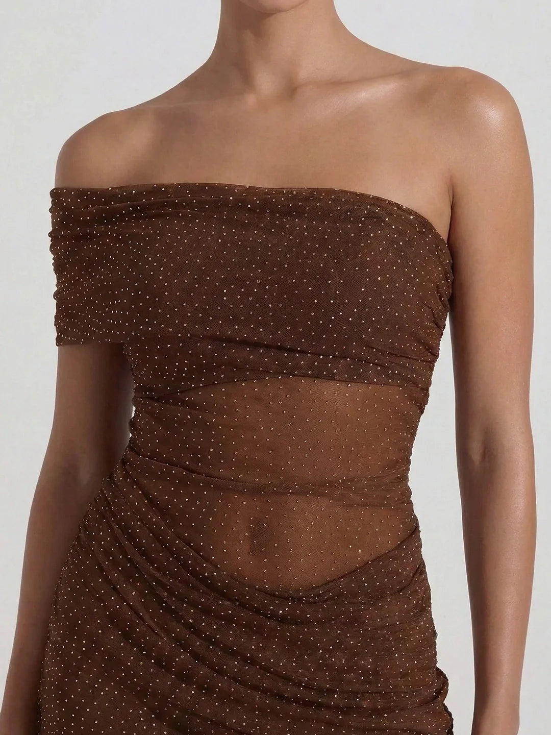 One Shoulder Shimmer Mesh Mini Dress