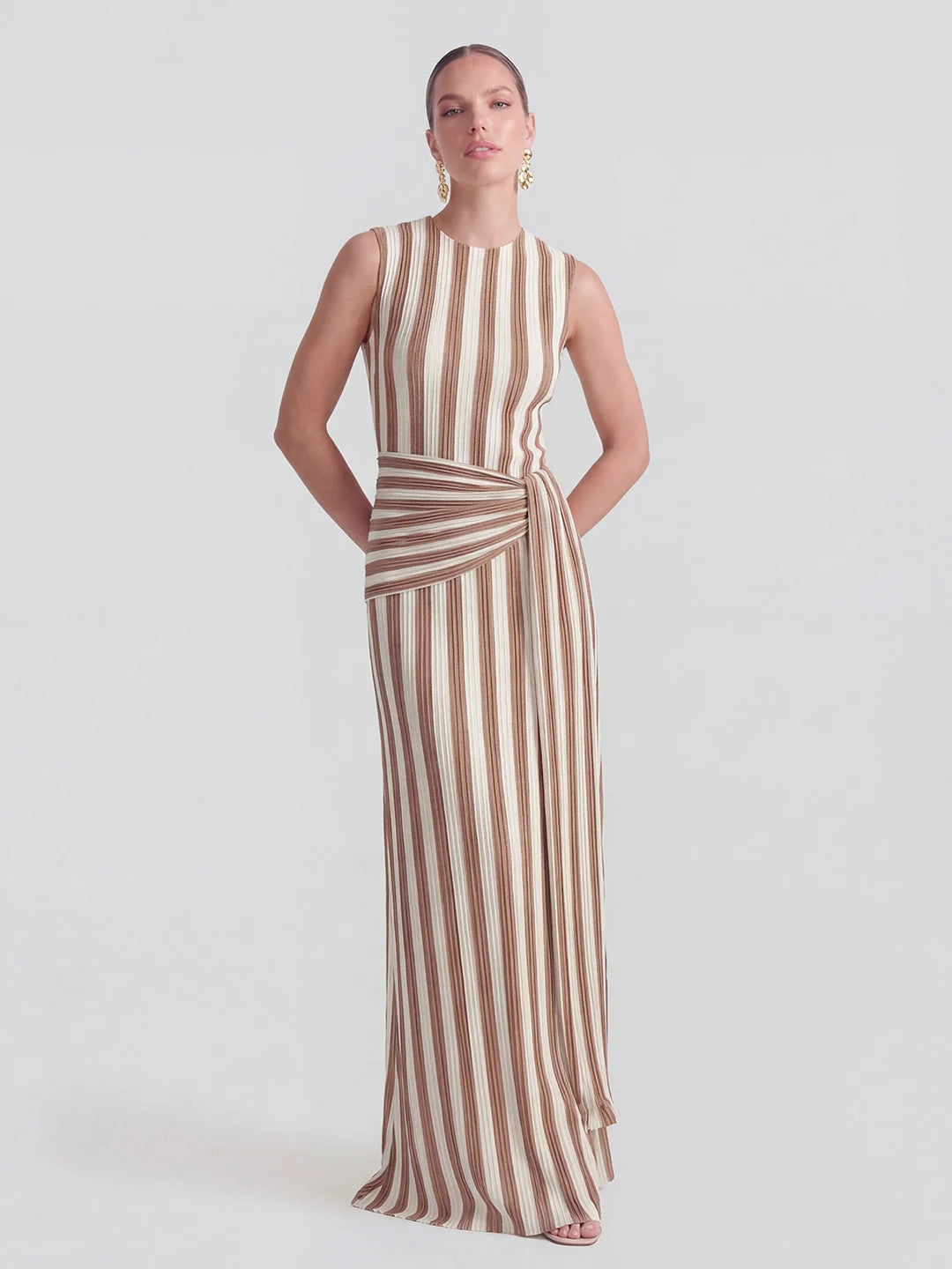 Pinstripe Ribbed Twisted-Knot A-Line Dress