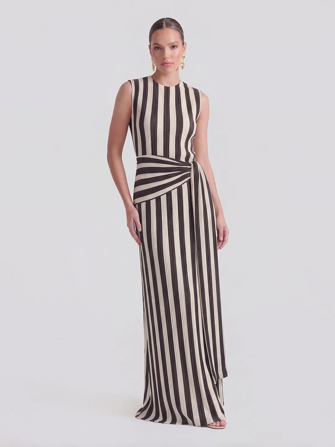 Pinstripe Ribbed Twisted-Knot A-Line Dress