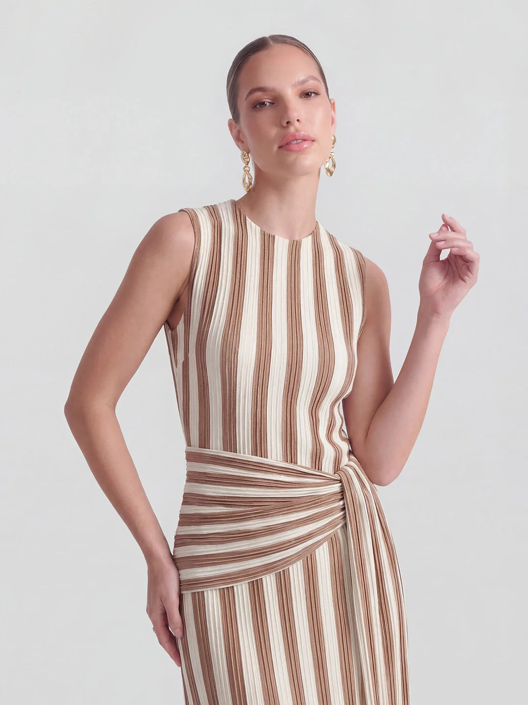 Pinstripe Ribbed Twisted-Knot A-Line Dress