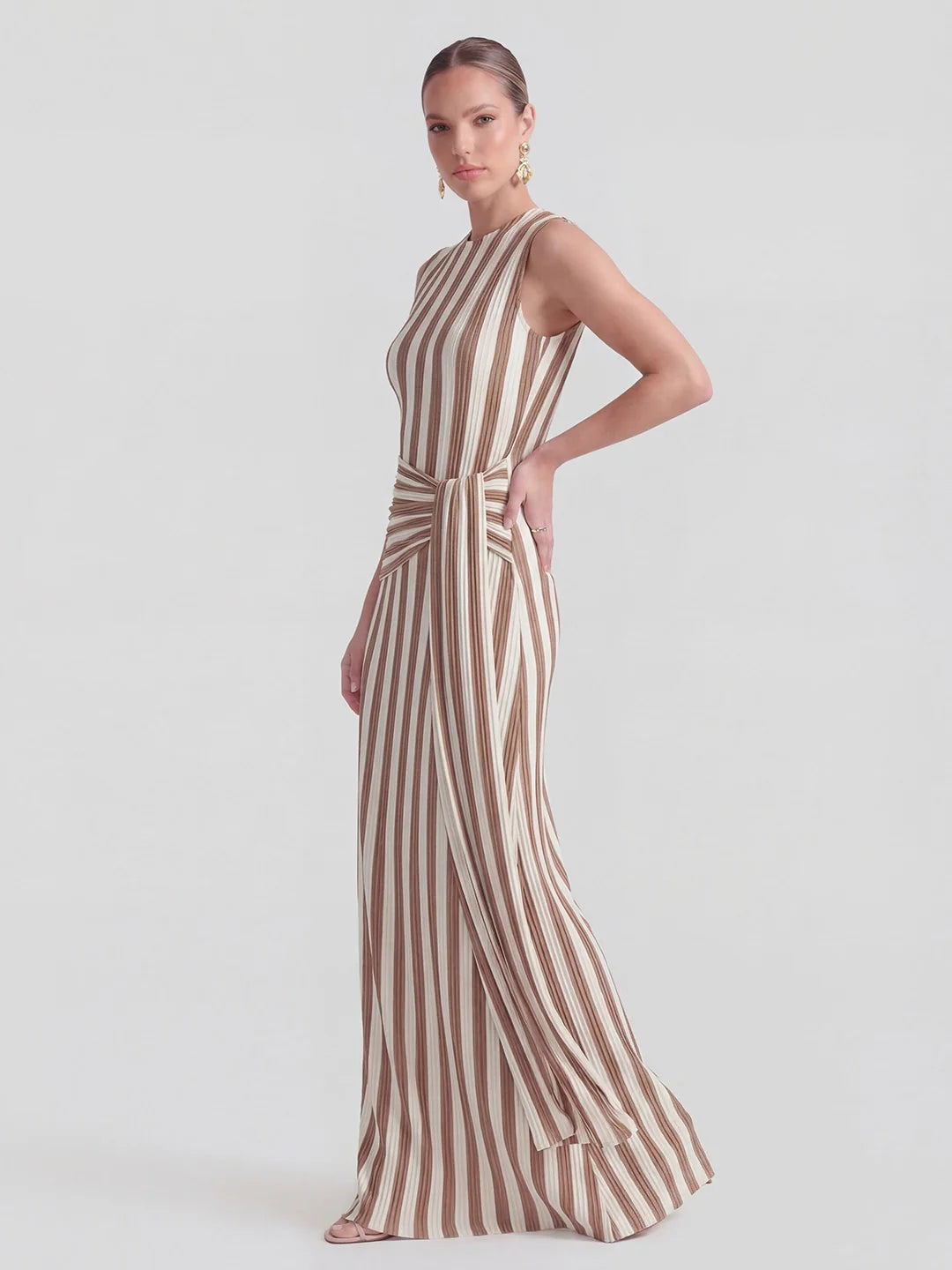 Pinstripe Ribbed Twisted-Knot A-Line Dress