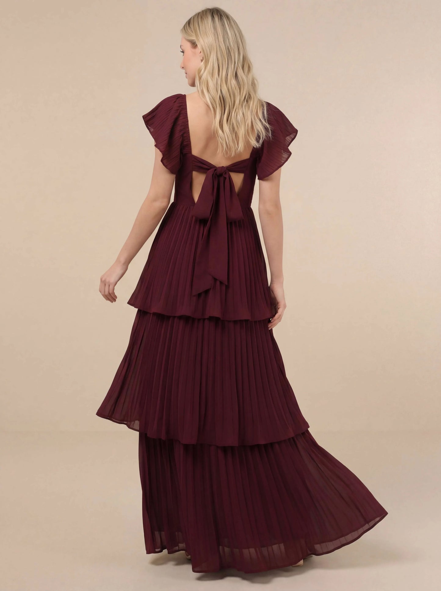 Pleated Flutter Sleeve Maxi Dress