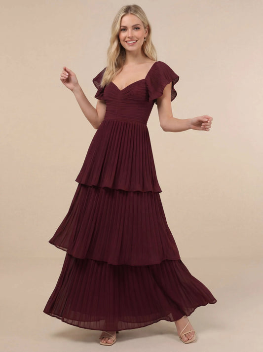 Pleated Flutter Sleeve Maxi Dress