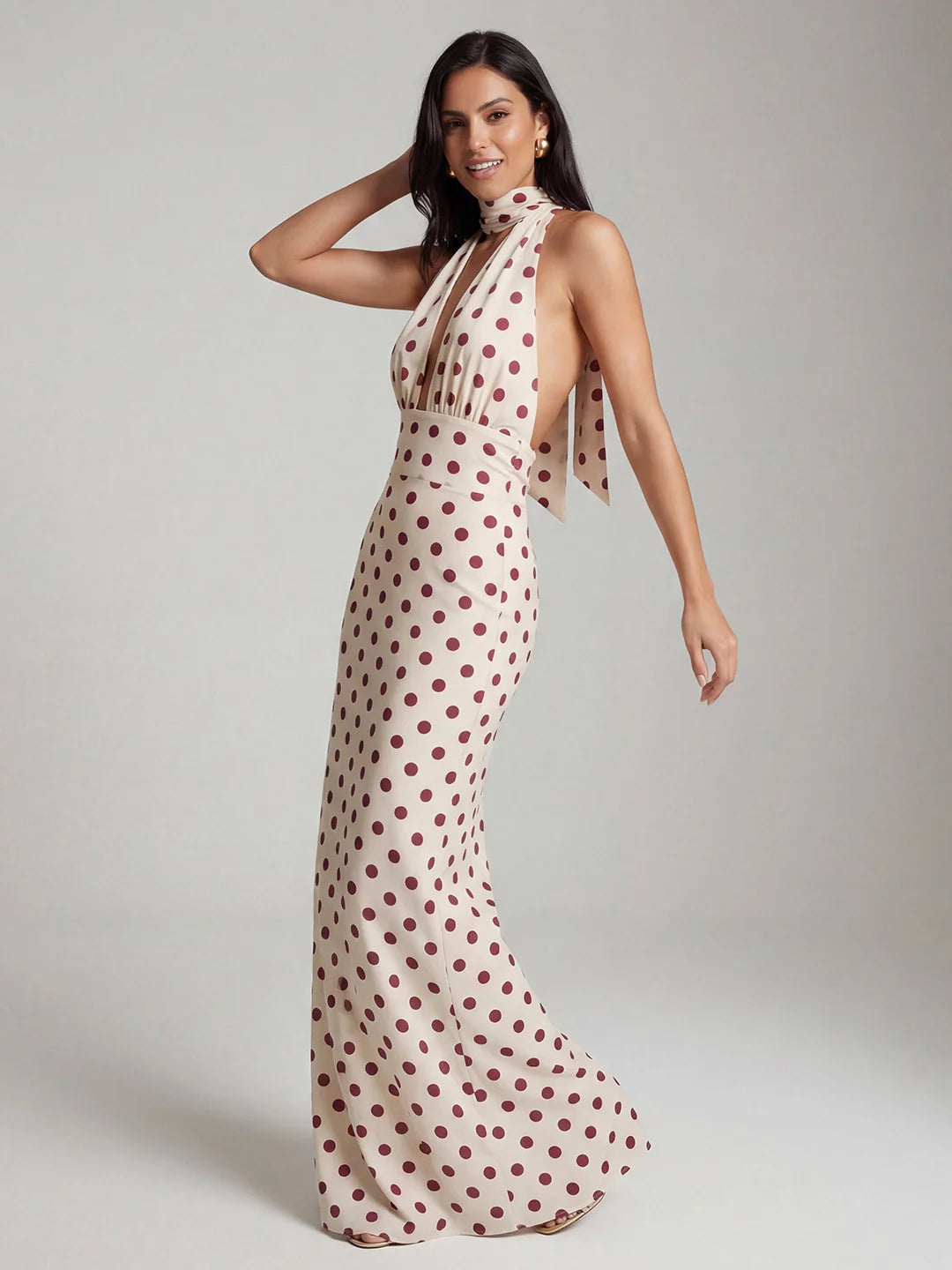 Polka Dot Halter Chiffon Maxi Dress