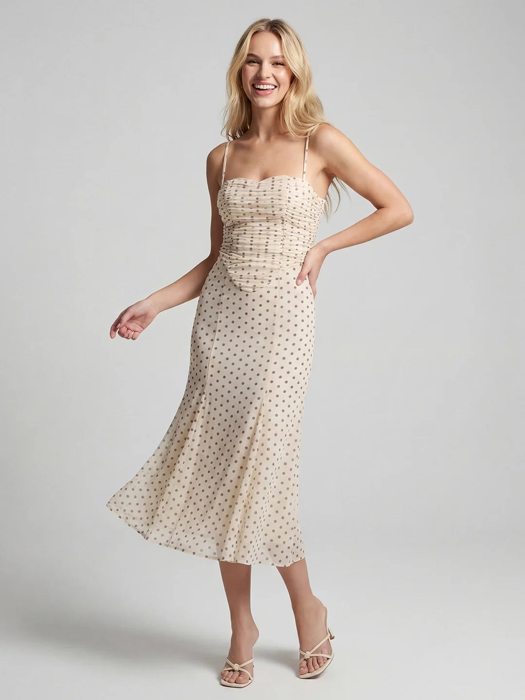 Polka Dot Mesh Ruched Bustier Midi Dress