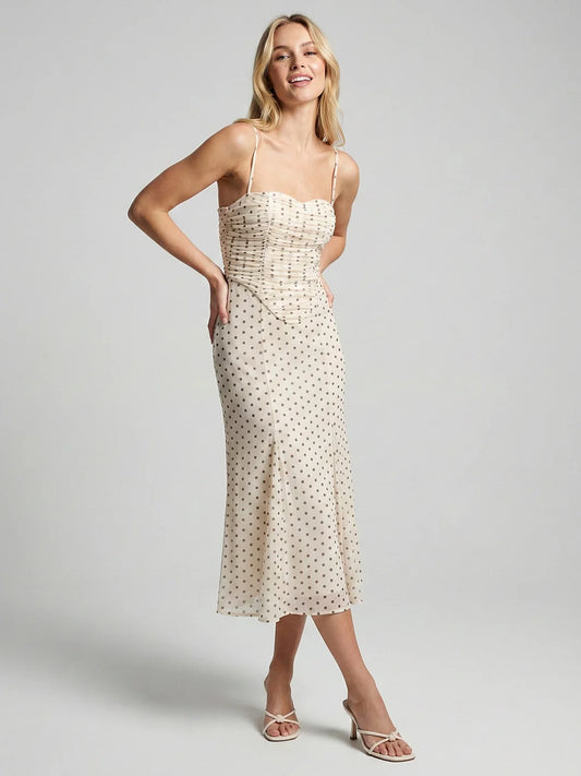 Polka Dot Mesh Ruched Bustier Midi Dress