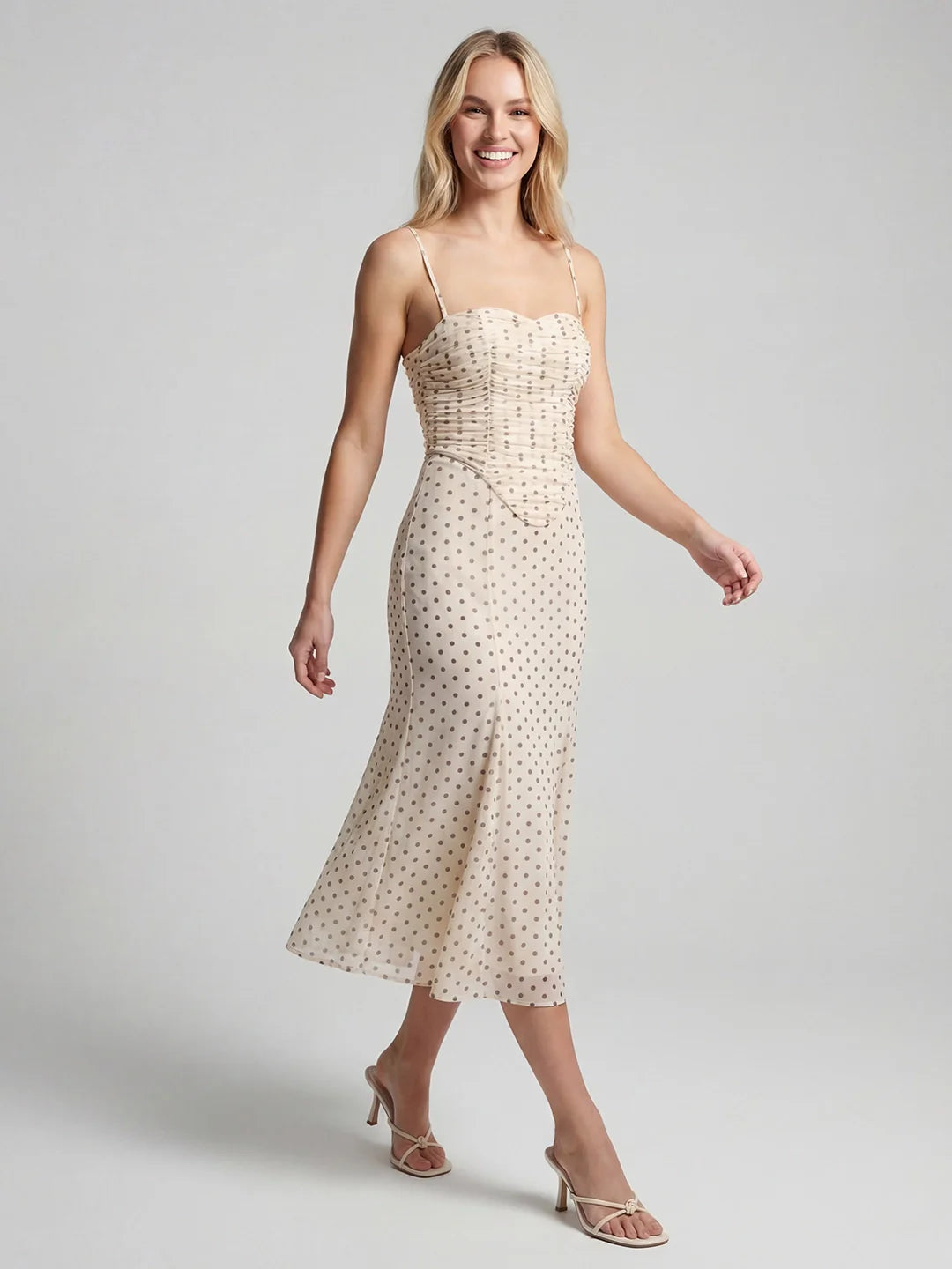 Polka Dot Mesh Ruched Bustier Midi Dress