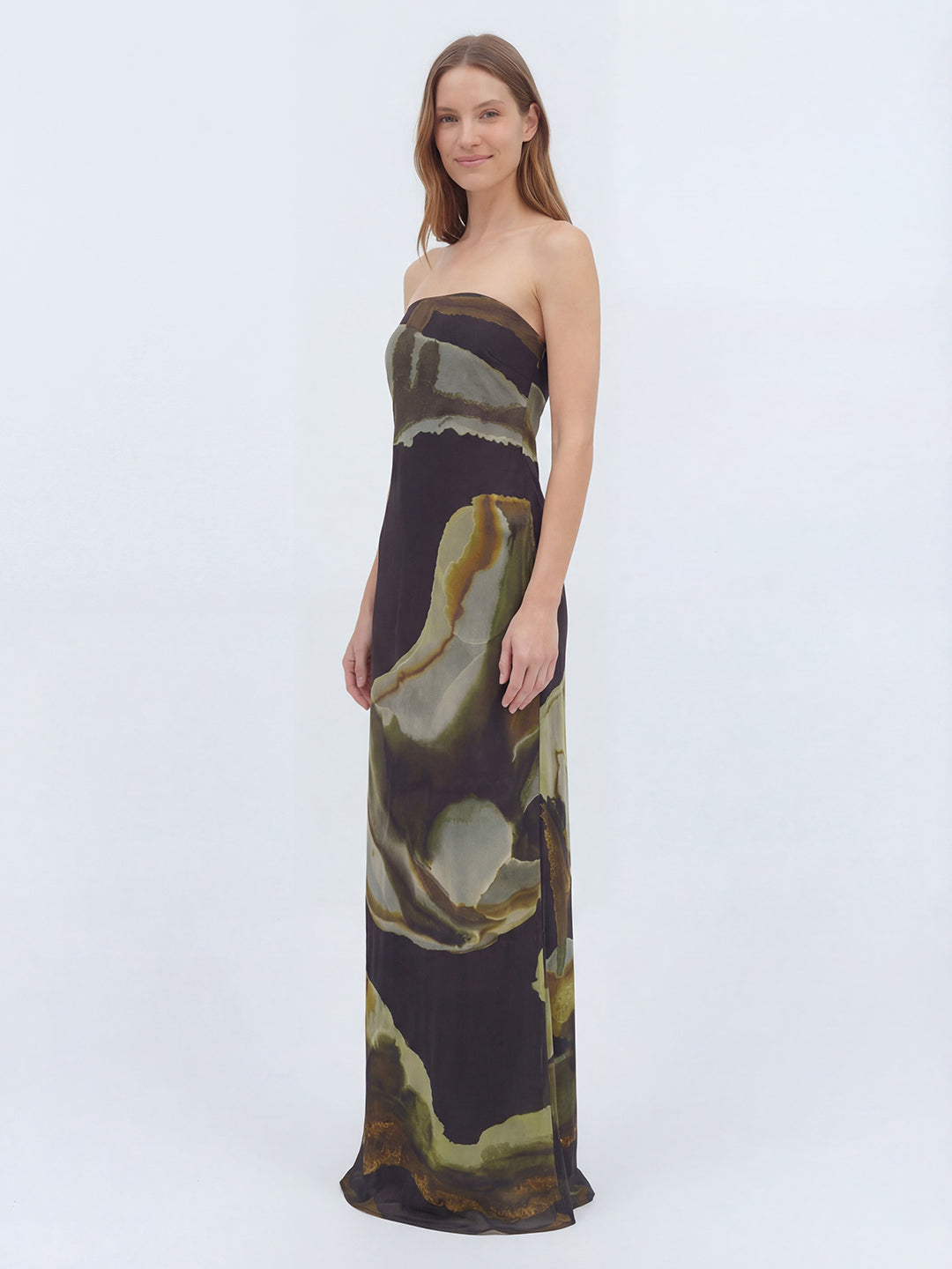 Printed strapless maxi dress