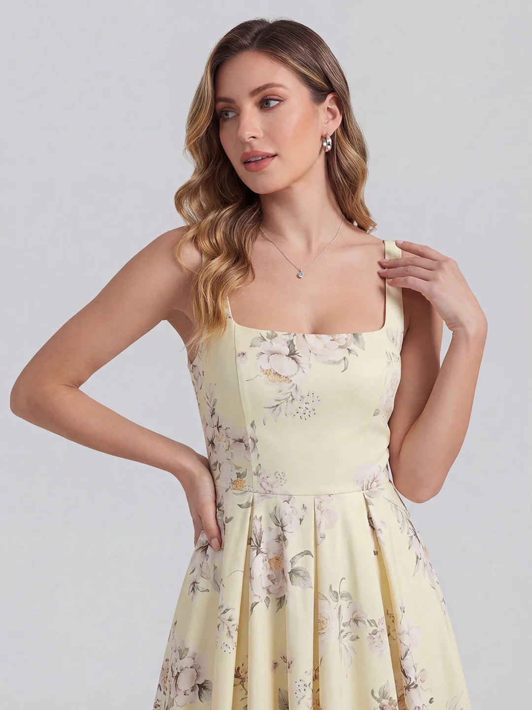 Retro Floral Bouquet Print Square Neck Midi Dress