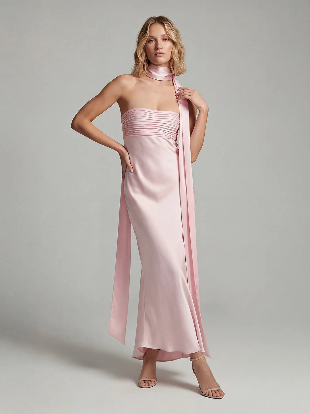 Ribbon Strapless Satin Maxi Dress with Cowl Tie