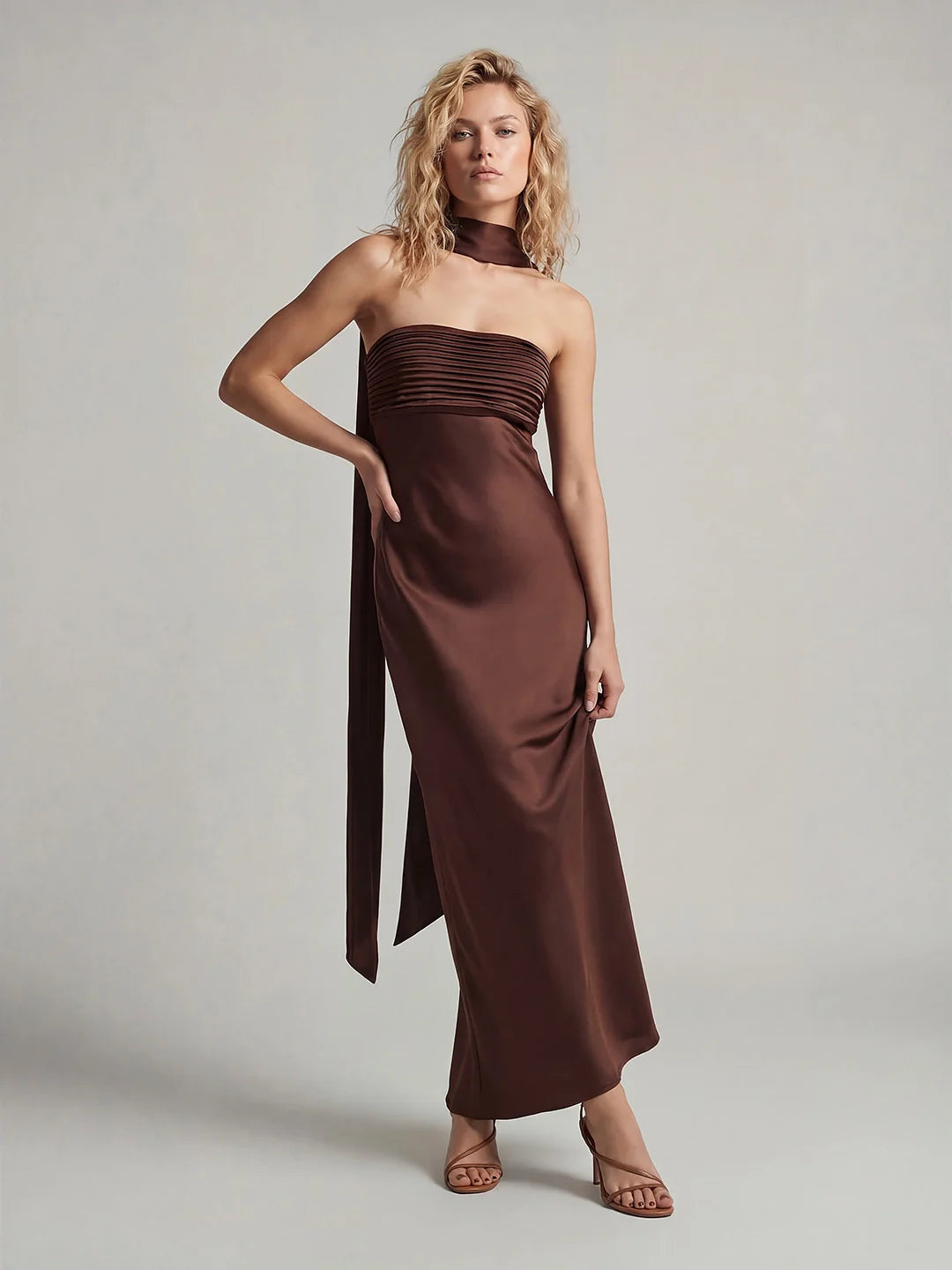 Ribbon Strapless Satin Maxi Dress with Cowl Tie