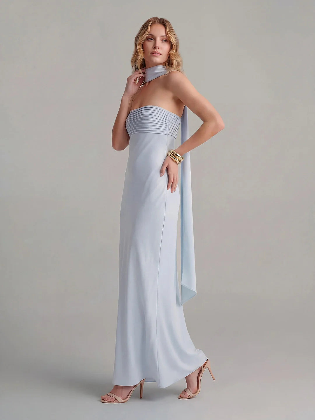 Ribbon Strapless Satin Maxi Dress with Cowl Tie