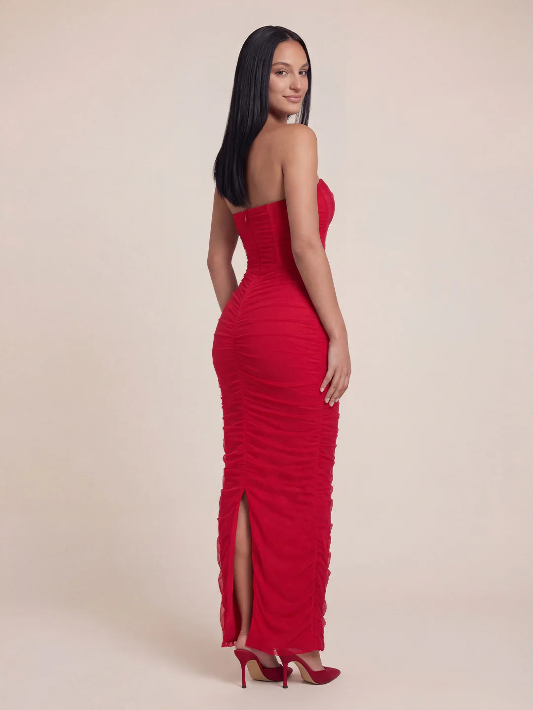 Ruched Corset Bandeau Mesh Maxi Dress