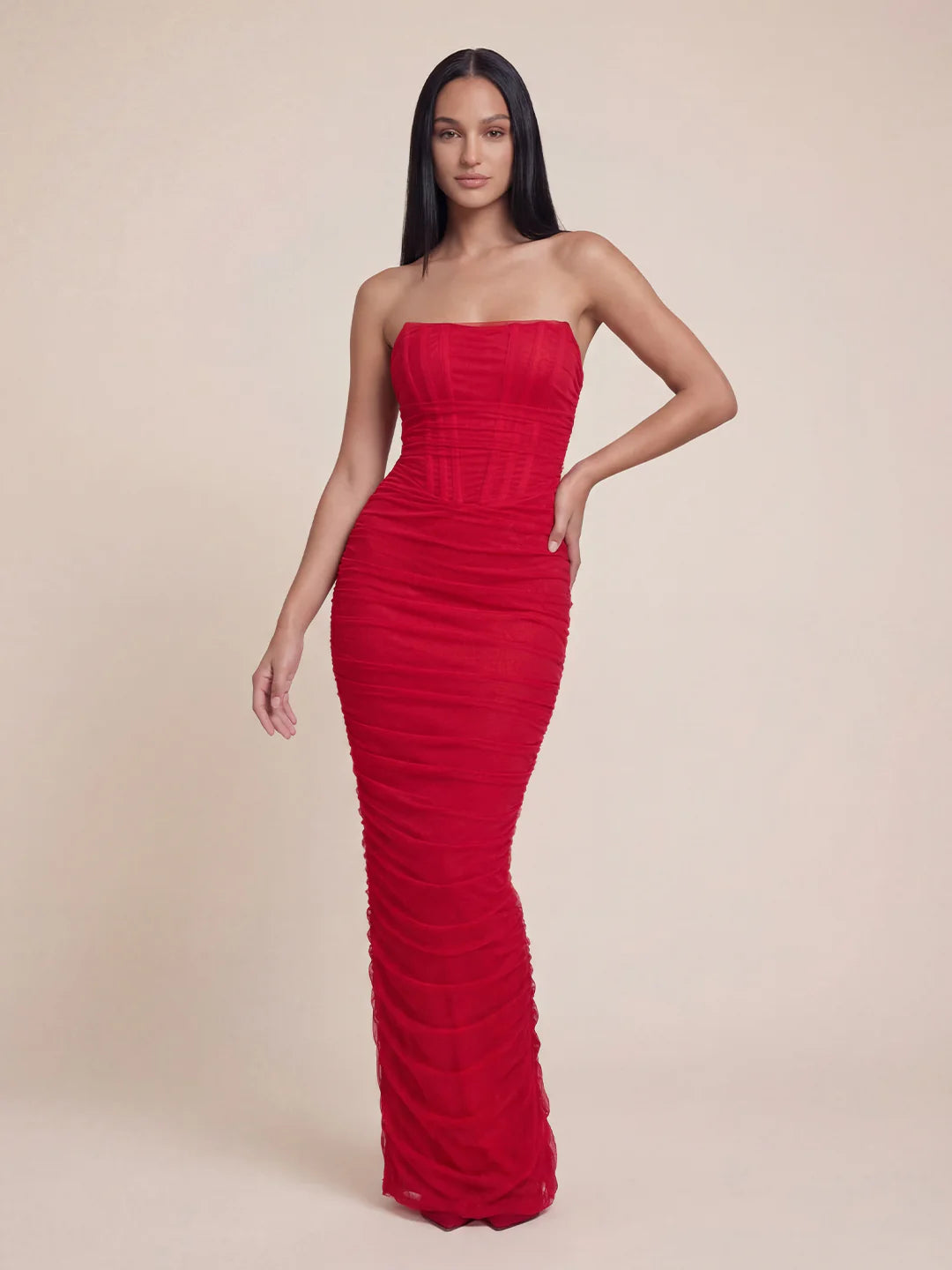 Ruched Corset Bandeau Mesh Maxi Dress