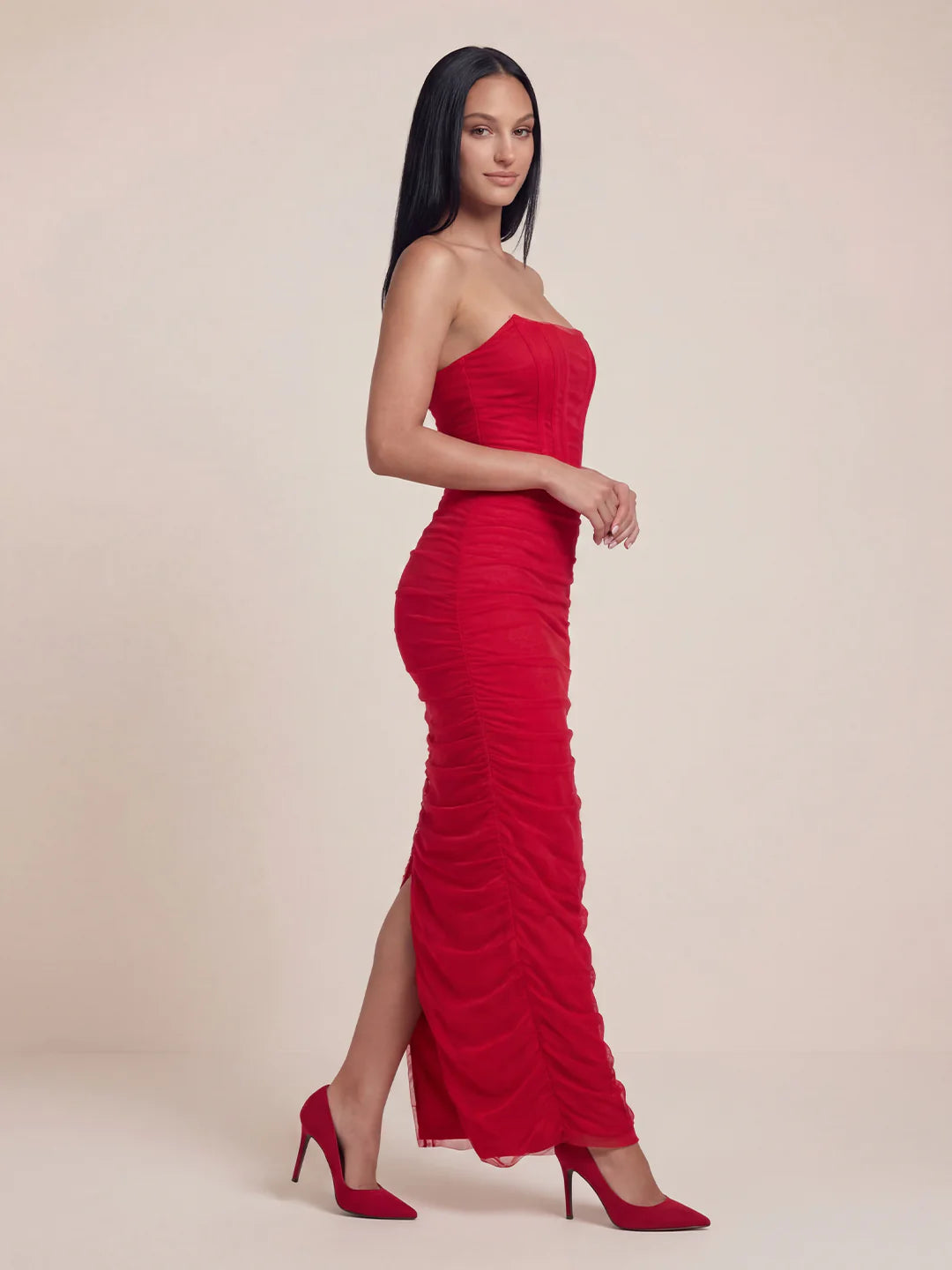 Ruched Corset Bandeau Mesh Maxi Dress