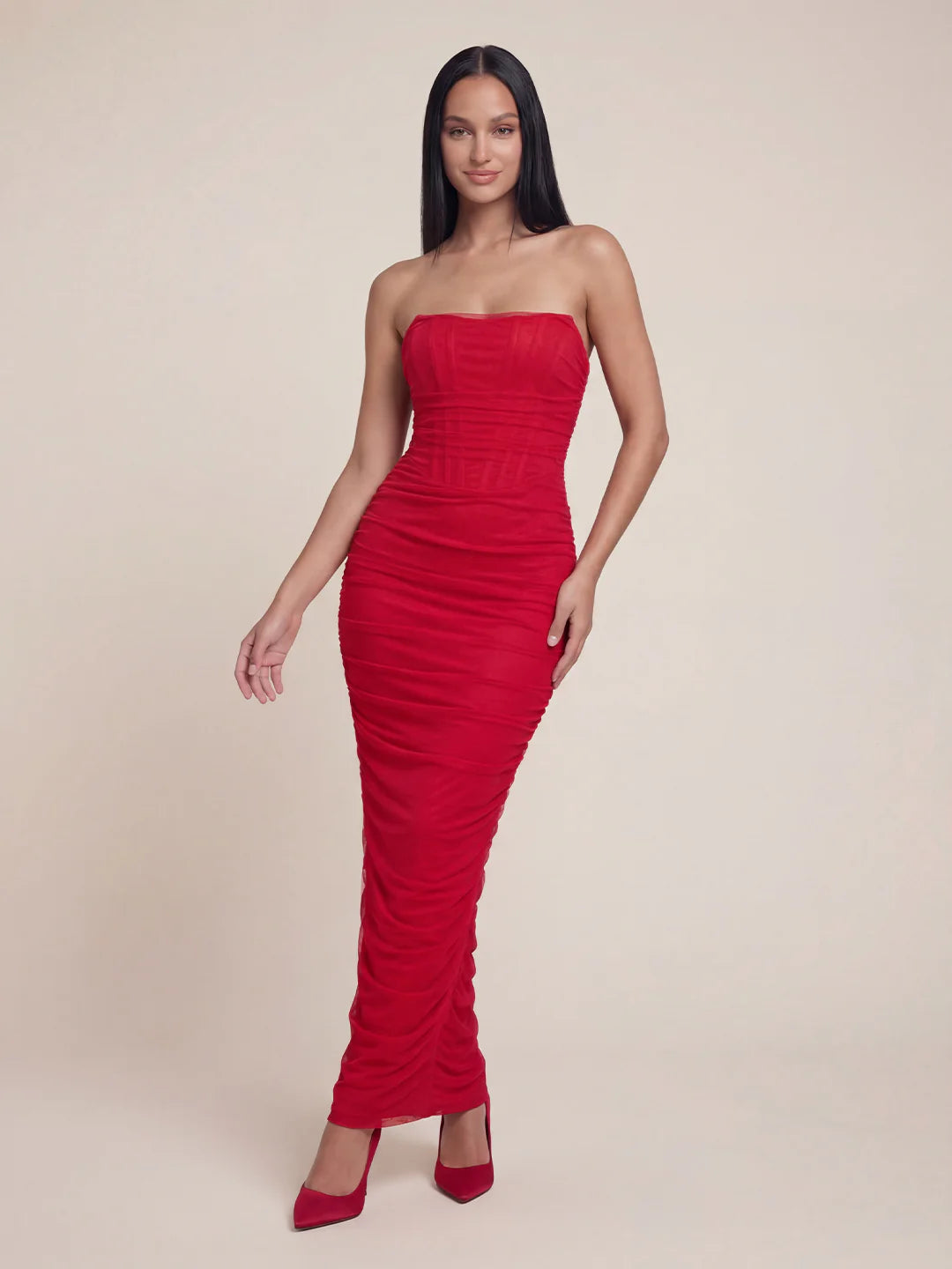 Ruched Corset Bandeau Mesh Maxi Dress