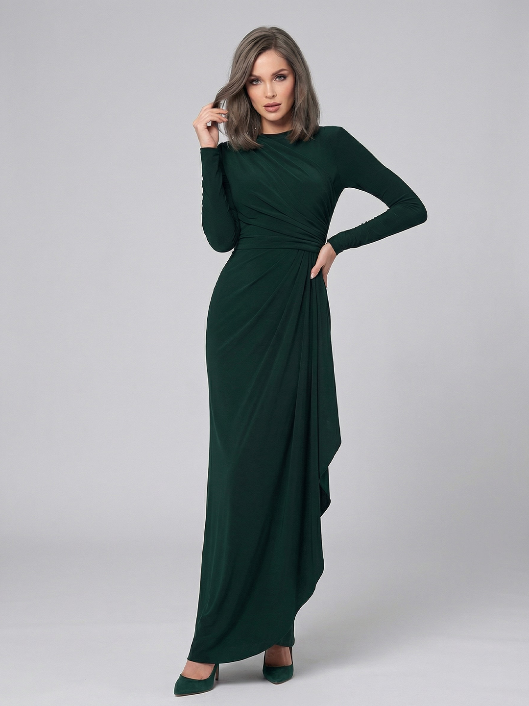 Ruffle Long Sleeve Sheath Gown
