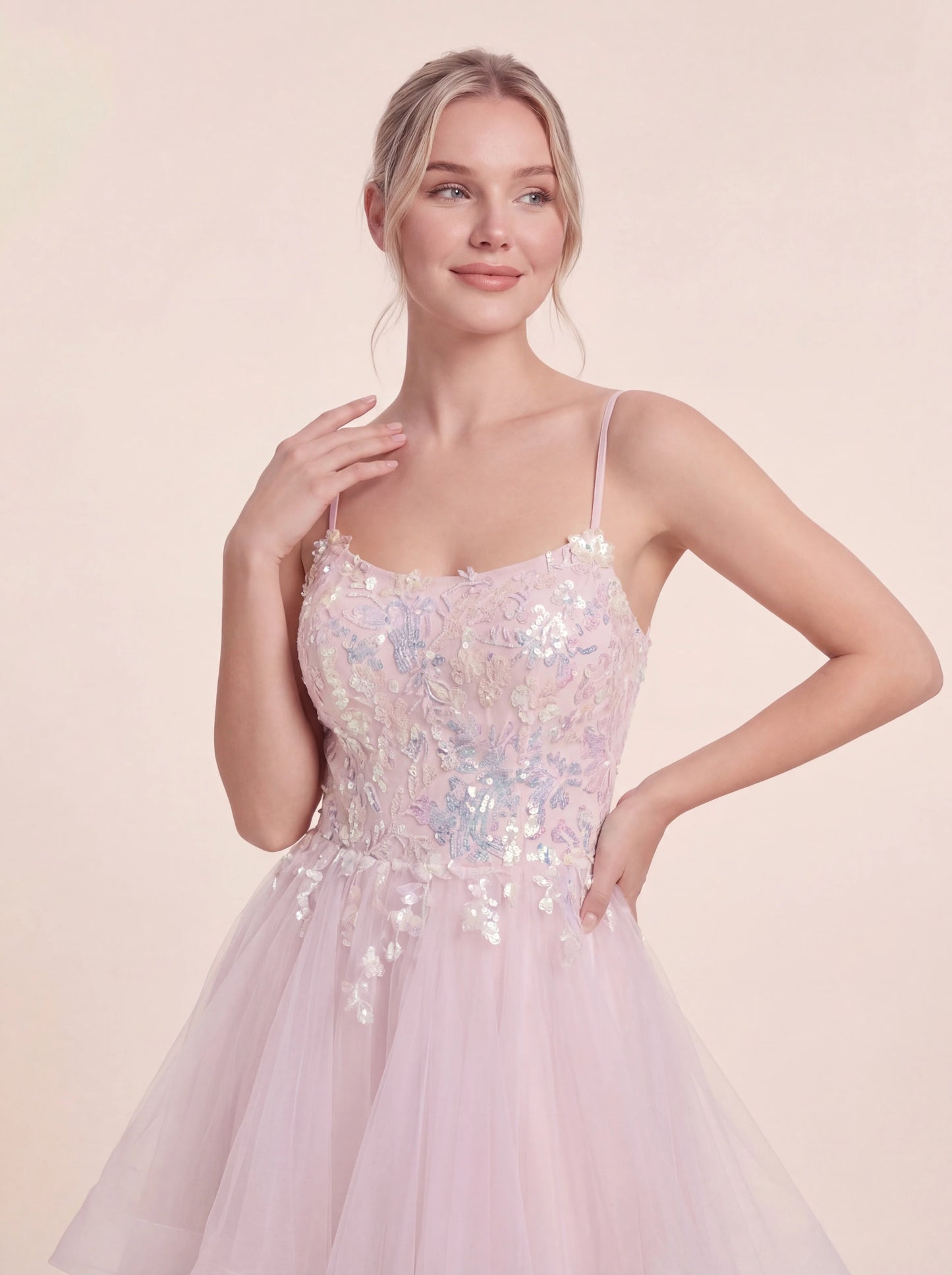 Enchanting Hand-Beaded Gown with Layered Tulle Skirt