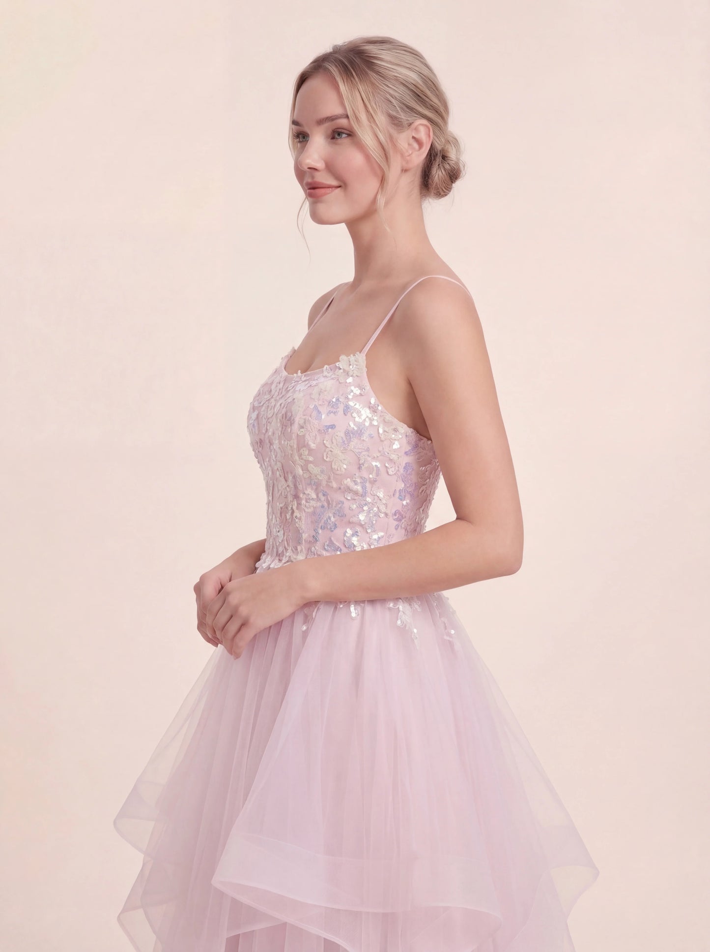 Enchanting Hand-Beaded Gown with Layered Tulle Skirt