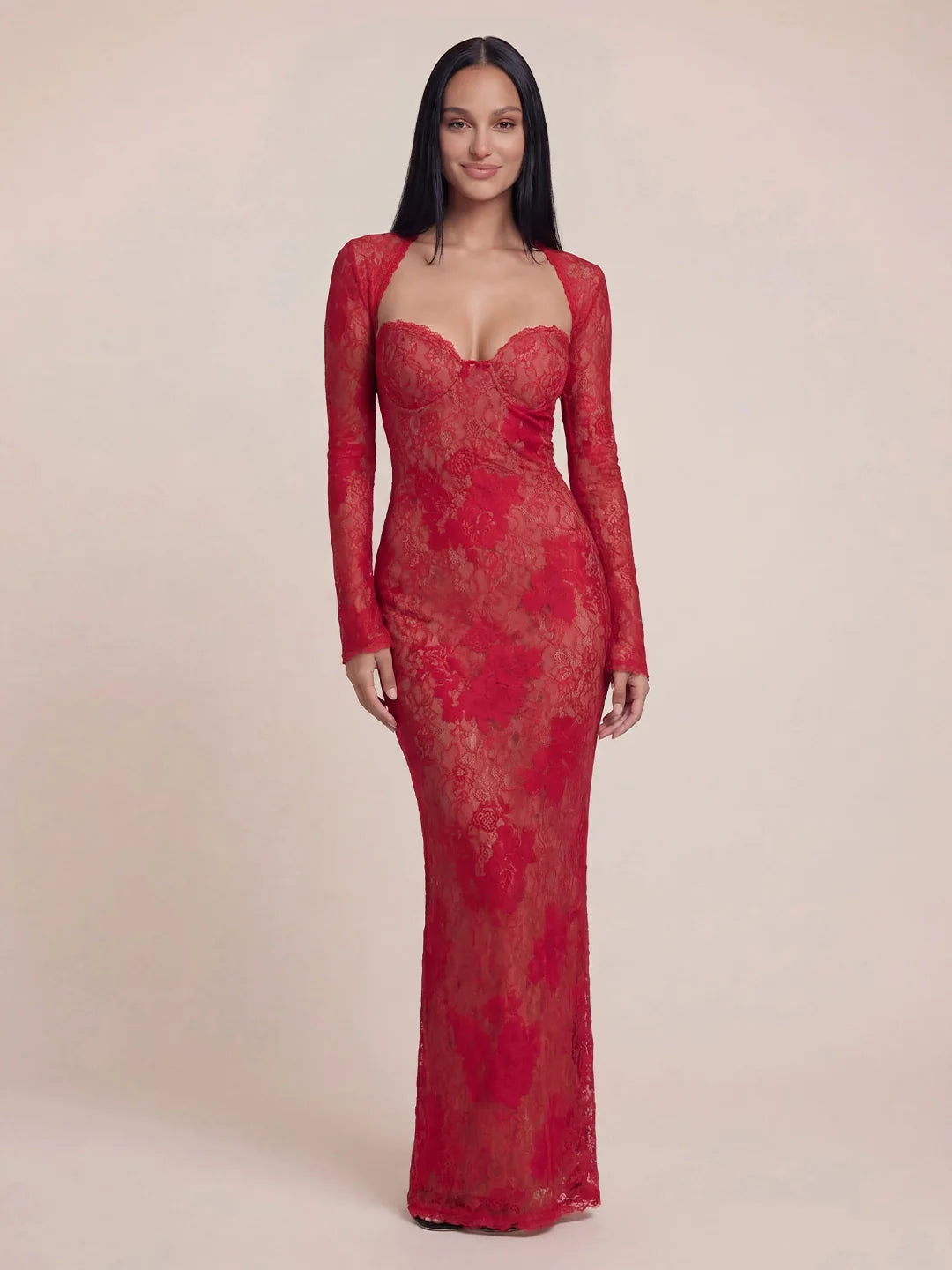 Sheer Lace Embroidered Floral Bodycon Maxi Dress