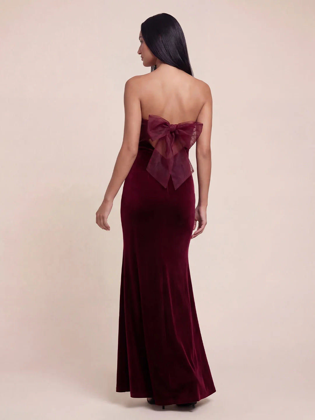 Strapless Bow-Back Velvet Maxi Dress
