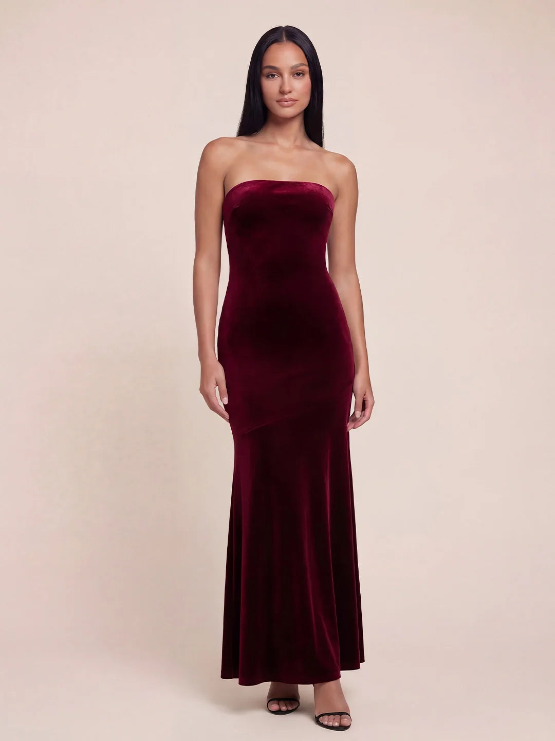 Strapless Bow-Back Velvet Maxi Dress